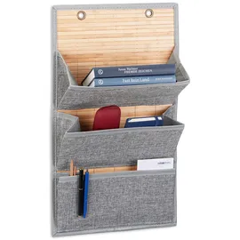 Relaxdays Wandorganizer Bambus mit 3 Jutemuster Fächer, 58 x 34 x 15 cm HxBxT Zeitungshalter für Büro und Flur, grau