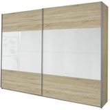 Rauch Quadra Schwebetürenschrank 2-türig, inkl. Zubehörpaket Basic 6 Einlegeböden 3 Kleiderstangen, Farbe Eiche Sonoma/Glas Weiß, BxHxT 226x229x62cm
