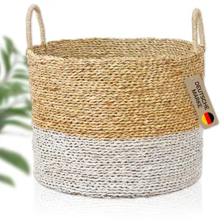 Lycce Wäschekorb mit Henkel | Korb geflochten aus Seegras | Wäschesammler, Aufbewahrungskorb für Spielzeug, Korb für Geschenke, Badezimmer Organizer | beige & weiß | Gr. 3 (Ø 43 x H 35 cm)