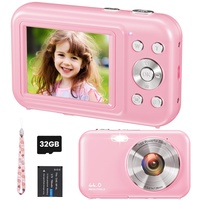 Digitalkamera Fotokamera, FHD 1080P 44MP Kinder Kompaktkamera mit 32GB Karte, Wiederaufladbare Digital Kamera mit 16X Digitalzoom, 2.4" LCD Fotoapparat für Kinder, Mädchen, Jungen, Anfänger(Rosa)