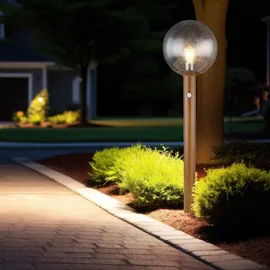 GLOBO Gartenleuchte mit Bewegungsmelder Außenleuchte Stehlampe Standleuchte Terrassenlampe, Holzoptik Alu Glas braun,1x E27, Dxh 25x100 cm
