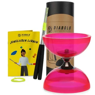 Diabolo Freizeitsport Jonglier-Set Pro Clear mit transparentem Diabolo (rot), UV-reaktiv für Schwarzlicht - mit Handsticks, Ersatzschnur (160cm) und Gedruckter Anleitung