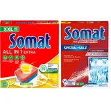 SOMAT Tabs 63 AW all in 1 Extra Zitrone & Limette, Geschirrspül Tabs für strahlende Sauberkeit, bekämpfen selbst eingetrocknete Rückstände + Somat Duo Power Experten Spezial-Salz 1,2kg