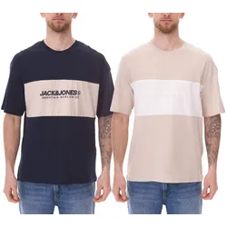 JACK & JONES Herren Rundhals-Shirt Baumwoll-Shirt T-Shirt Kurzarm-Shirt 12258883 Beige/Weiß oder Dunkelblau/Beige - S