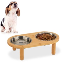 Relaxdays Futterbar für kleine Hunde, 2 Näpfe je 300 ml, erhöht, Bambus & Edelstahl, HxBxT: 9,5x34,5x18 cm, natur/silber