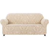 subrtex Damast Sofabezug Stretch Sofahusse Couchbezug Sesselbezug Elastischer Blumenmuster rutschfest Stretchhusse Weich Stoff(2 Sitzer,Beige Muster)