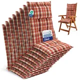 Beautissu 8er Set Gartenstuhlauflagen Hochlehner Auflagen 120x50 cm – 7cm Polster Sitzauflagen Gartenmöbel Made in EU – UV-Lichtecht Sitzpolster Gartenstuhl Orange Rot Grün Kariert – HighLux HL