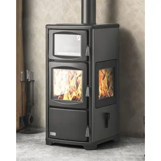 Teba Kaminofen mit Backfach Herdplatte Panoramakamin Dreiseitig Glas Teba TKS 19 Holzofen 12 kW Kamin Ofen Holz Holzherd Kochplatte Küchenofen