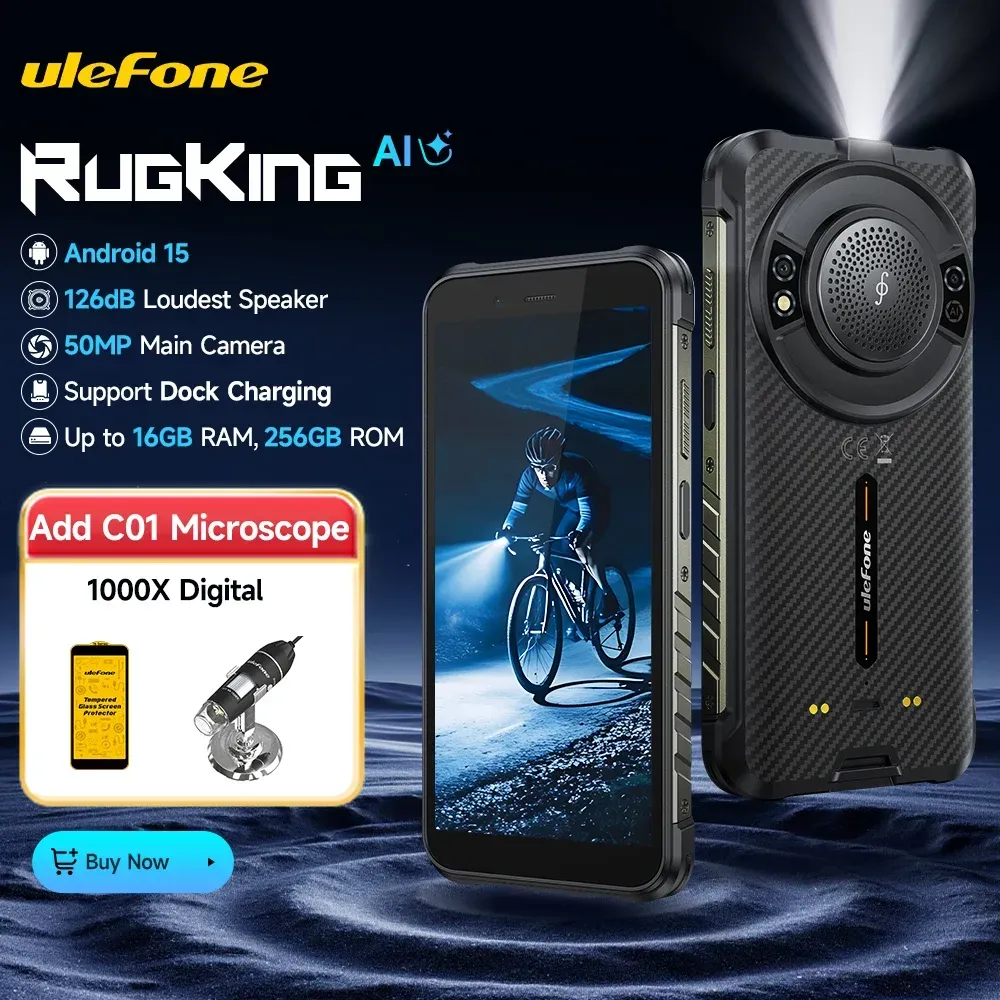 【2025 NEU】 Ulefone RugKing 4G Robustes Telefon Android 15 Bis zu 16 GB + 256 GB Wasserdichtes Smartphone 9600 mAh 50 MP Kamera NFC Globale Version