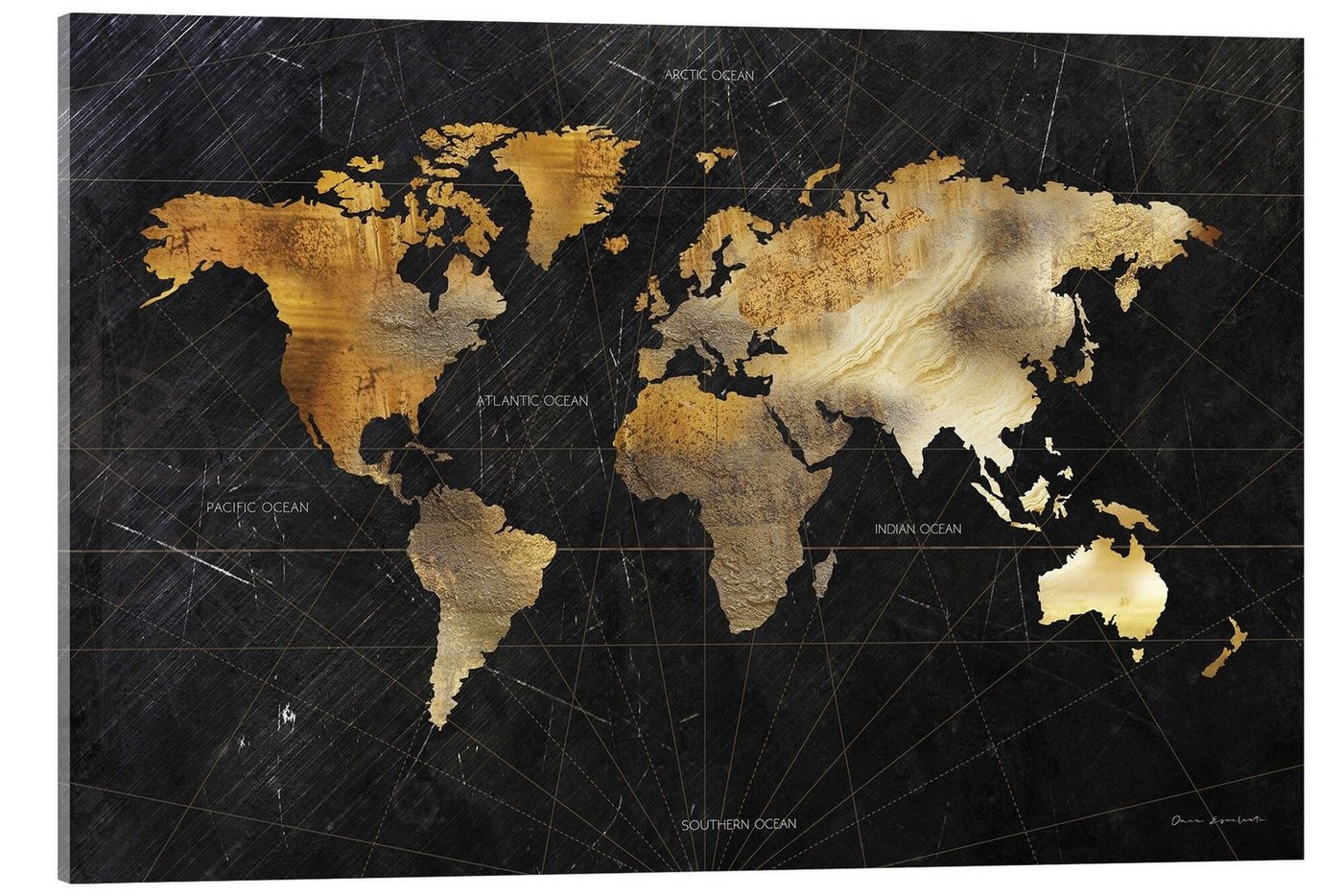 Posterlounge Acrylglasbild Omar Escalante, Goldene Weltkarte auf Schwarz, Illustration 30 cm x 20 cm