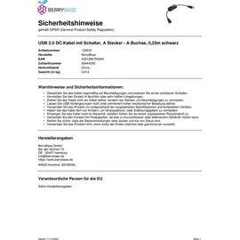 BerryBase USB 2.0 DC-Kabel mit Schalter, A Stecker - A Buchse, 0,25m schwarz