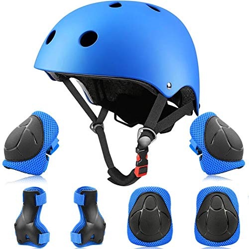 YUANJ Schonerset Kinder Protektoren Gear Set Helm kit, Mädchen & Jungen Knieschoner Set für Skateboard, Longboard, Stunt Scooter, Fahrrad, Rollschuhe (Blau)