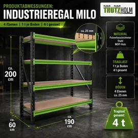 Trutzholm Lagerregal Stahl 200x190x60 cm grün/schwarz 4 Ebenen 4 t Gesamttraglast