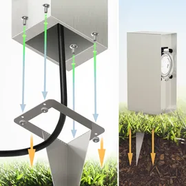 ledscom.de Garten-Steckdosensäule POMI mit Erdspieß für außen, IP44, Timer/Zeitschaltuhr, 2-Fach, Edelstahl, eckig, 23cm