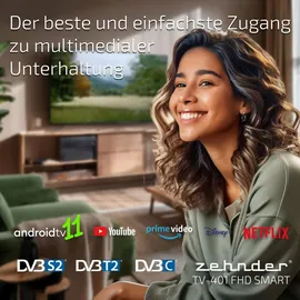 Zehnder TV-431 FHD SMART TV 43 Zoll 109cm LED Fernseher Schmaler Rahmen LAN/WLAN Full HD Triple Tuner USB DVB-S2/T2/C Android 11 kompatibel mit Go...