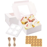 GUIFIER 24 Stück Cupcake-Boxen mit Fenster und Einsatz,Weiße Cupcake Boxen 4er Muffinboxen Kuchenbehälter,Kuchenboxen Cupcake geschenkbox,Cupcake Transportieren Keksboxen mit Juteschnur und Aufklebern