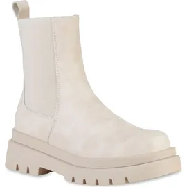 VAN HILL Damen Plateau Boots Stiefeletten Stiefel Profil-Sohle Schuhe 837887, Farbe: Beige, 38 - 38