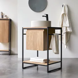 Tikamoon Waschtisch 60 cm aus Metall und Teakholz Materialmix industrieller Stil Einzel