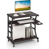 COSTWAY Schreibtisch mit Rollen, Tastaturablage, platzsparender Computertisch PC-Tisch mit Ablagefläche unten und Haken, industrieller Laptoptisch... - Braun