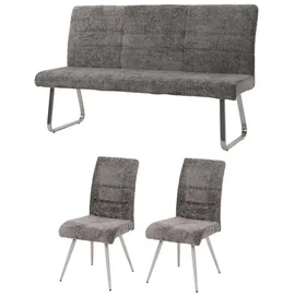 MCW Esszimmer-Set MCW-G55, 2er-Set Stuhl + Sitzbank 160cm, Edelstahl gebürstet Stoff/Textil Chenille dunkelgrau