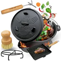 holz4home® Dutch Oven Set I eingebrannter Feuertopf 9L aus Gusseisen I inkl. Pfanne, Topfständer, Deckelheber und Reinigungsbürste