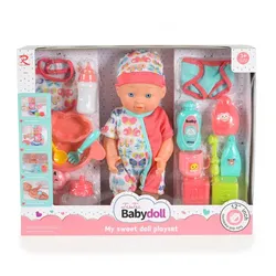 Moni Kinderpuppe soft 31 cm Ess- und Badezubehör, Flaschen, Kleidung, Schnuller rot