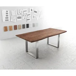 DELIFE Esstisch Edge 200x100 Akazie Braun Edelstahl Schmal Live-Edge, Esstische, Baumkantenmöbel, Massivholzmöbel, Massivholz