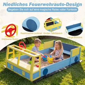 Fantask Holzsandkasten Feuerwehrauto mit Lenkrad und Sitzbank Blau/Gelb