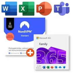 Microsoft 365 Family (15 Monate Office-Apps inkl. Copilot-KI und 6TB Cloudspeicher) + NordVPN | Download & Produktschlüssel
