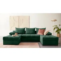 Wohnlandschaft INOSIGN "Josy U-Form" Sofas Gr. B/H/T: 269cm x 41cm x 161cm, Cord, Recamiere beidseitig montierbar, mit Bettfunktion und Bettkasten, grün (flaschengrün) inkl. Bettfunktion, Bettkasten und Kissen, mit 2 Recamieren