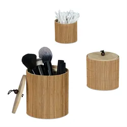 Relaxdays Aufbewahrungsbox mit Deckel, 3er Set, rund, Bambus, versch. Größen, Pinsel & Kosmetik, Ordnungshelfer, natur