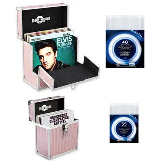 Retro musique Aluminium-Schallplatten-Aufbewahrungskoffer mit einzigartiger, klappbarer Frontklappe für besseren Zugang zu Ihren LPs, für bis zu 40 LPs, (in PVC-Hüllen), inklusive 40