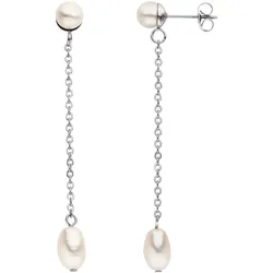 Perlenohrringe JOBO "lang mit Kette", silber (edelstahlfarben), Ohrringe, Damen, Perlen-Edelstahl, Perlen, Edelstahl, Edelstahl mit 4 Perlen