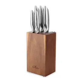 OLEIO Maestro Messerblock – 6 teilig – Edelstahl Küchenmesser Set mit Block & integriertem Messerschärfer – Scharfes Küchenhelfer Set für alle Schnitte – Messerblock mit Messer