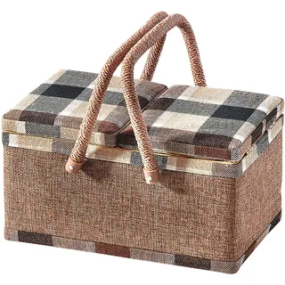 Kobolo Nähkästchen Nähkorb Nähkörbchen Nähkasten - beige kariert - Stoff - 29x19x16 cm