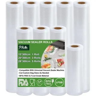 Omtofo Vakuumierfolie 9 Rollen Vakuumierbeutel, Vakuumbeutel Lebensmittel 28/20/15 x 300cm, BPA-frei, Reißfest, 190μm, Vakuumierrollen für Vakuumierer, Mikrowellen and Sous Vide