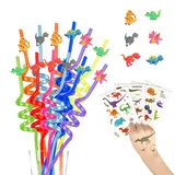 12 Stück Dinosaurier Trinken von Plastikstrohhalmen+4 Temporäre Tätowierungen+1 Reinigungsbürste,Wiederverwendbare Trinkhalme für Geburtstagsparty Zubehör