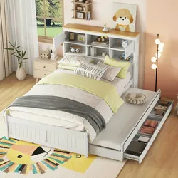 Merax 140*200cm Flachbett mit mehreren Staufächern am Kopfende des Bettes, ausgestattet mit ausziehbares Rollbett, drei Schubladen, weiß