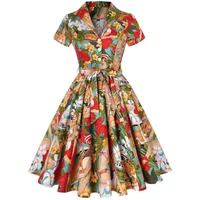 MOOCO MORNING 2022 Baumwolle Vintage Kleid Frauen Kurzarm S-4XL Groß Swing Retro Blumendruck Rockabilly Kleider - XXL