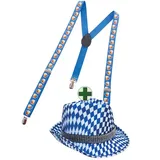 Karneval-Klamotten Kostüm Oktoberfest Hut mit Hosenträger Bier, Oktoberfest Hut blau weiß mit Hosenträger Unisex blau|gelb|schwarz