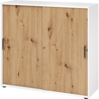 bümö Schiebetürenschrank "3OH" - Aktenschrank abschließbar, Sideboard Schrank mit Schiebetüren in Weiß/Asteiche - Büroschrank aus Holz mit