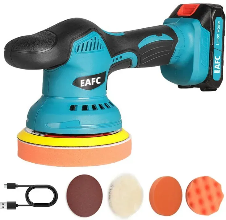 EAFC 21V elektrische Pflege- und Wachsmaschine für Autos, kabellose Wachsinstrumente, 8 Gänge, 2800–5500 U/min, wiederaufladbare 7500 mAh Akkus (1500 mAh × 5), 125 mm Scheibe