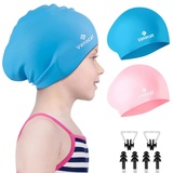 Vanocat 2 Pack Badekappe Kinder Lange/Kurze Haare, Unisex Badekappe Mädchen Jungen für Alter von 3–15 Jahren Kleinkind wasserdichte, Bademütze schwimmkappe mit Ohrstöpseln Nasenclip-Rosa+Himmelblau