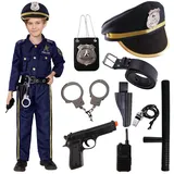 Polizei Kostüm Kinder Jungen, Polizist Kostüm Kinder Faschingskostüme Karneval Polizei Kinder Cosplay, 11 Stück Polizei Zubehör Handschellen Polizeimütze Spielzeugpistole Walkie-Talkie