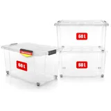 BigDean 3 Stück 60 L Aufbewahrungsbox mit Deckel groß transparent - stapelbare robuste Box BPA-frei - rollbare Stapelbox mit festen Klickverschlüssen - Made in Germany