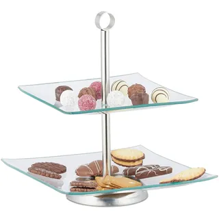 Relaxdays Etagere, 2 stöckig, eckig, Cupcake, Kekse, Obst, Muffin, Servierständer, Glas, Edelstahl, silber/transparent, 1 Stück