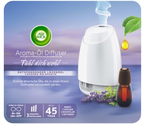 AIR WICK Aroma-Öl Diffuser Duftspender Starter-Set, Lufterfrischer mit Duftabgabe mit Timer-Funktion und Stand-By-Modus, Entspannender Lavendel