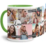 Tasse mit Spruch LOVE zum SELBSTGESTALTEN mit FOTO-COLLAGE für 8 WUNSCHFOTOS - Fototasse personalisiert - Persönliche Geschenkidee für Freunde und Familie - Innen & Henkel Hellgrün