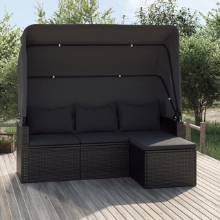 Yolola Gartensofa mit Dach und Fußhocker Gartensofa 3 Sitzer Rattan Sofa Balkonmöbel Lounge Sofa Outdoor Balkonsofa Sonnenliege Gartenmöbel Sonneninsel Lounge Gartenbank Gartenbett Schwarz