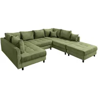 Riess Ambiente Moderne XXL Wohnlandschaft Kent - 305cm - grün Cord - Bigsofa inkl. Hocker mit Federkern Couch